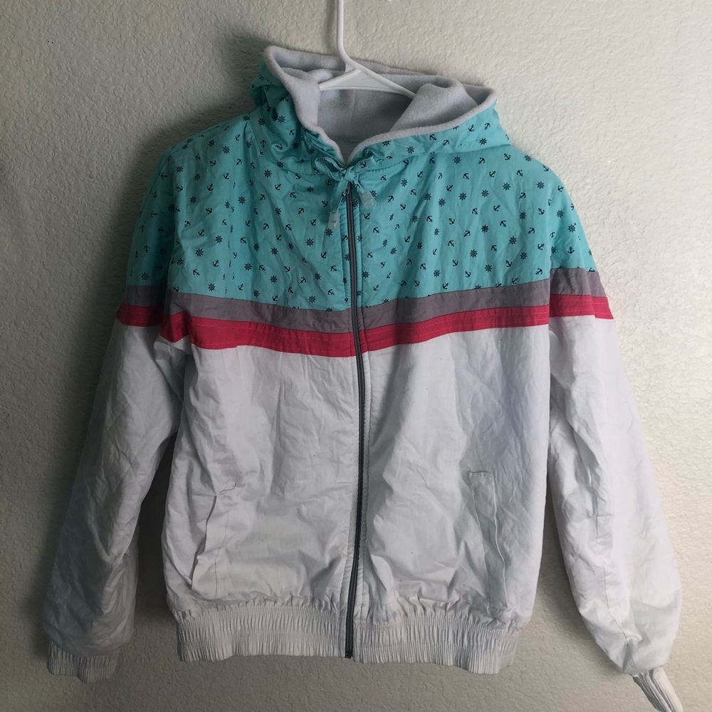A blue,white hoddie jacket